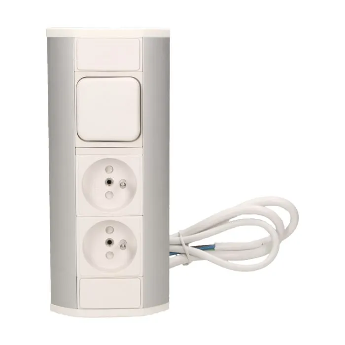 141175 - Furniture socket with switch, silver-white A set of three network sockets with grounding and current circuit's diaphragms with a switch, ideal for mounting in cabinets, display cases and display cabinets.