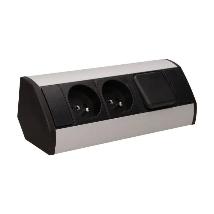 141174 - Furniture socket with switch, silver-black A set of three network sockets with grounding and current circuit's diaphragms with a switch, ideal for mounting in cabinets, display cases and display cabinets.