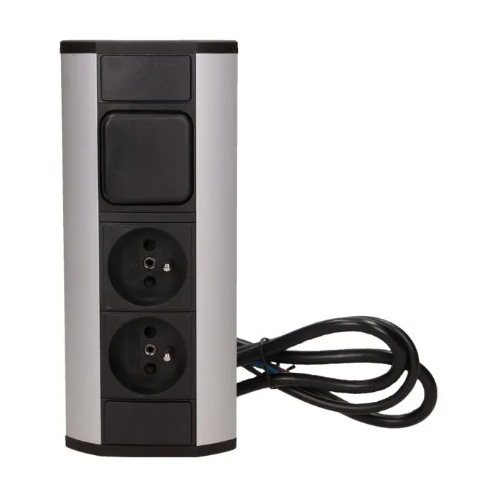 141174 - Furniture socket with switch, silver-black A set of three network sockets with grounding and current circuit's diaphragms with a switch, ideal for mounting in cabinets, display cases and display cabinets.
