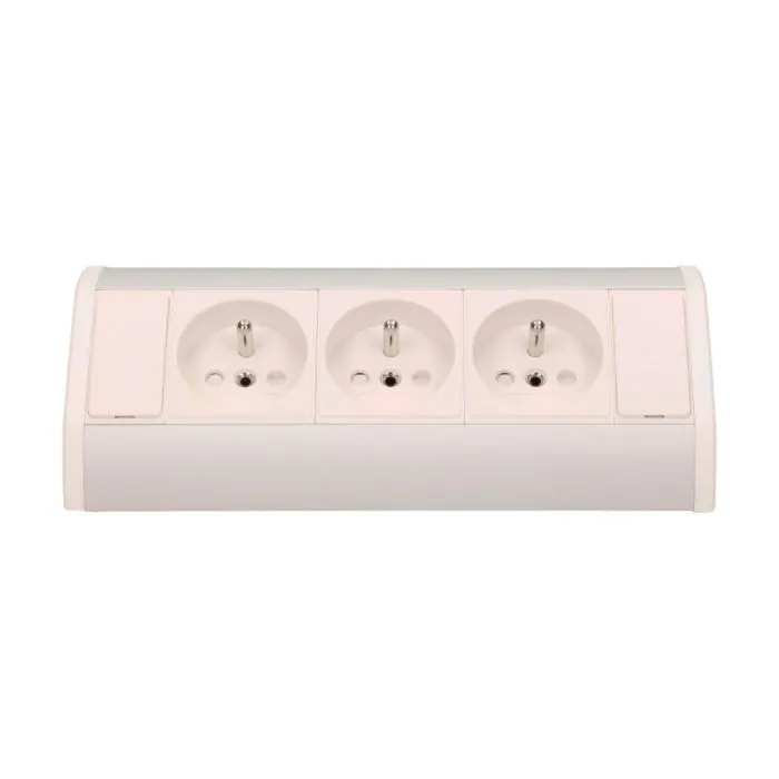 141171 - Furniture socket, silver-white A set of three network sockets with grounding and current circuit's diaphragms, ideal for mounting in cabinets, display cases and display cabinets.