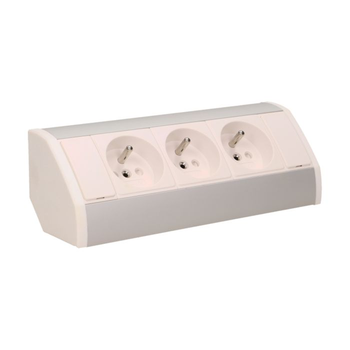 141171 - Furniture socket, silver-white A set of three network sockets with grounding and current circuit's diaphragms, ideal for mounting in cabinets, display cases and display cabinets.