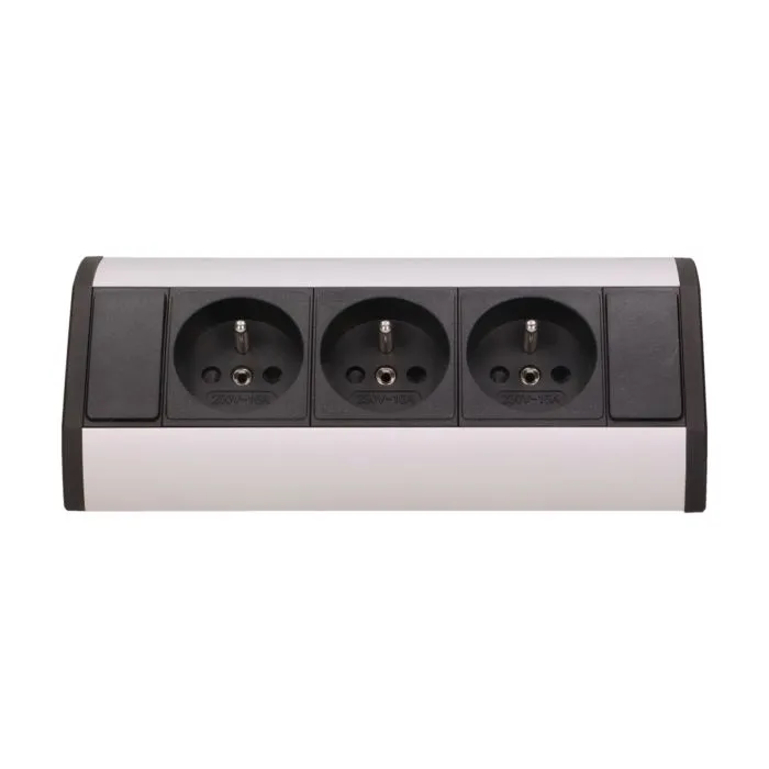 141170 - Furniture socket, silver-black A set of three network sockets with grounding and current circuit's diaphragms, ideal for mounting in cabinets, display cases and display cabinets.