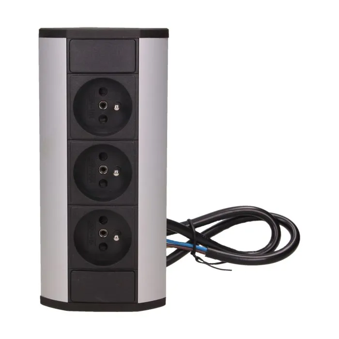 141170 - Furniture socket, silver-black A set of three network sockets with grounding and current circuit's diaphragms, ideal for mounting in cabinets, display cases and display cabinets.