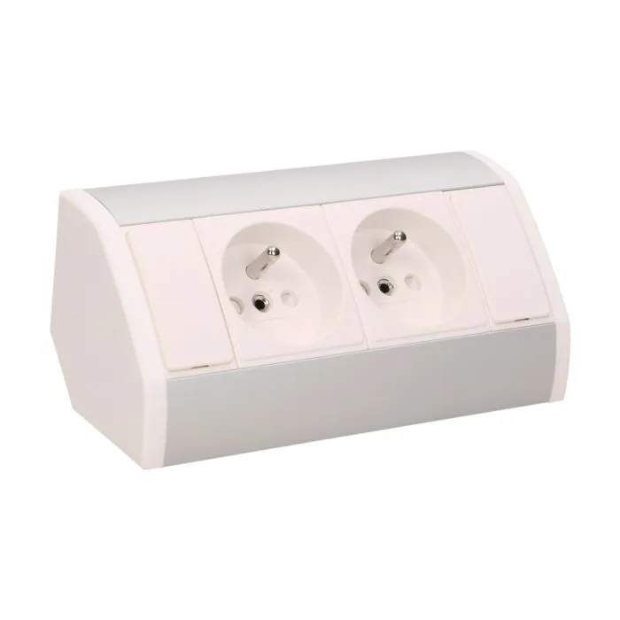 141167 - Furniture socket, silver-white A set of two network sockets with grounding and current circuit's diaphragms, ideal for mounting in cabinets, display cases and display cabinets.