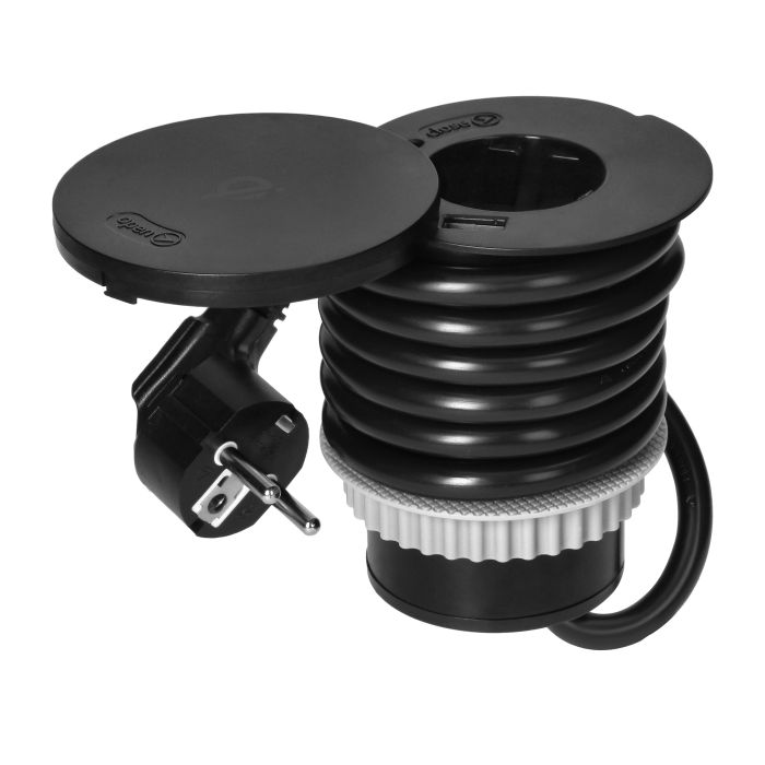 141161 - Furniture socket Ø6cm with rotative cover, induction charger, USB charger and 1.5m cable, 1x2P+E (Schuko), Qi 1.2.4 max. 10W, 2xUSB (type A and type C, 2.4A), black