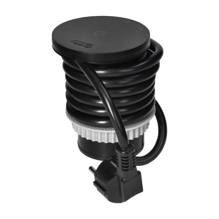 141161 - Furniture socket Ø6cm with rotative cover, induction charger, USB charger and 1.5m cable, 1x2P+E (Schuko), Qi 1.2.4 max. 10W, 2xUSB (type A and type C, 2.4A), black