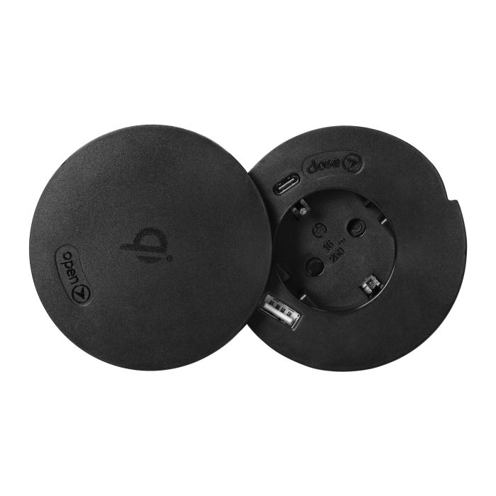141161 - Furniture socket Ø6cm with rotative cover, induction charger, USB charger and 1.5m cable, 1x2P+E (Schuko), Qi 1.2.4 max. 10W, 2xUSB (type A and type C, 2.4A), black