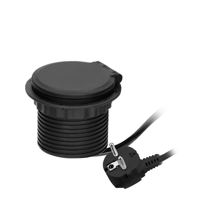 141160 - Recessed desk socket, black, Schuko Ø8cm with induction charger, 2 USB ports (A, C) for quick charging and 1.8m cable with cable gland, 2,4A 5V