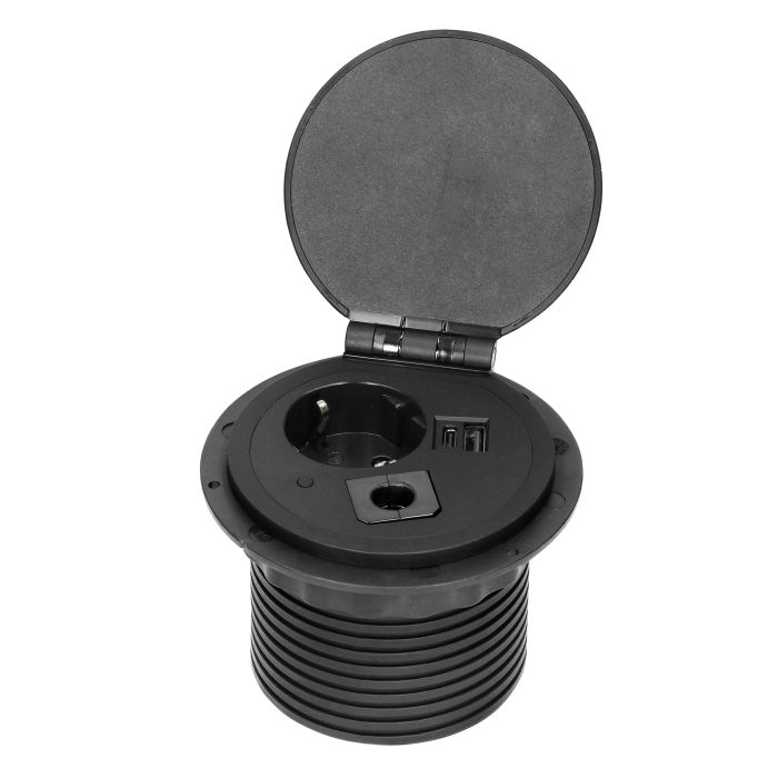 141160 - Recessed desk socket, black, Schuko Ø8cm with induction charger, 2 USB ports (A, C) for quick charging and 1.8m cable with cable gland, 2,4A 5V