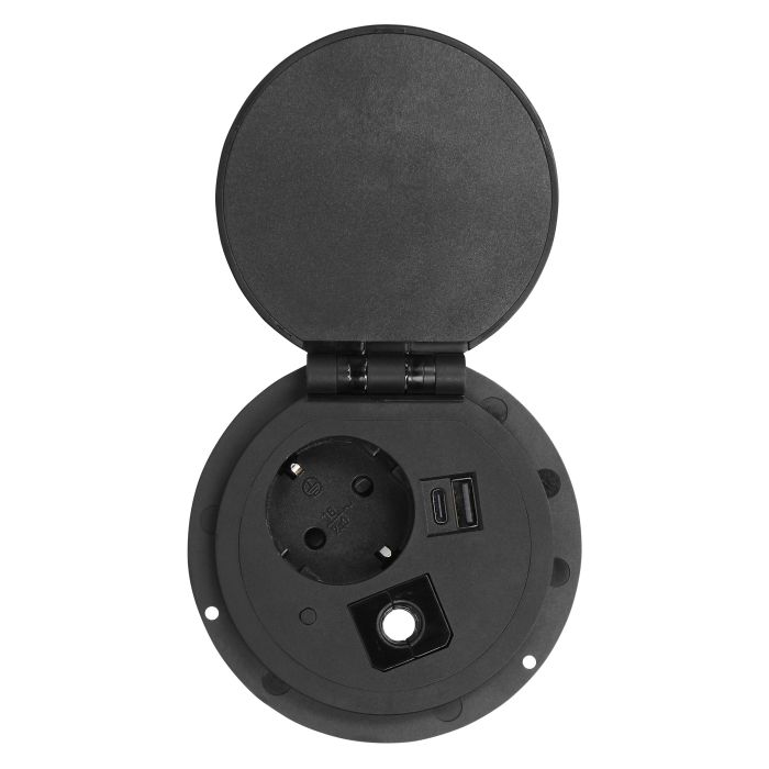 141160 - Recessed desk socket, black, Schuko Ø8cm with induction charger, 2 USB ports (A, C) for quick charging and 1.8m cable with cable gland, 2,4A 5V