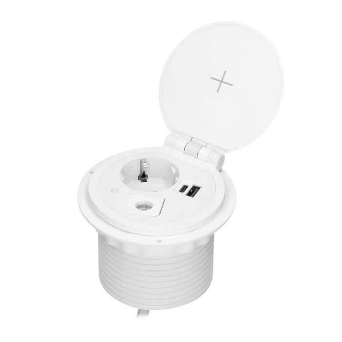 141159 - Recessed desk socket, white, Schuko Ø8cm with induction charger, 2 USB ports (A, C) for quick charging and 1.8m cable with cable gland, 2,4A 5V