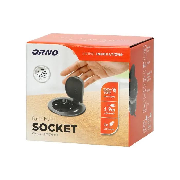 141156 - Flush-fitted furniture socket, black, Schuko Ø6cm with protective cover, USB charger and 1.9m cable, 1x2P+E, 1xUSB