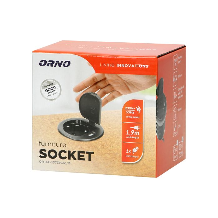 141156 - Flush-fitted furniture socket, black, Schuko Ø6cm with protective cover, USB charger and 1.9m cable, 1x2P+E, 1xUSB