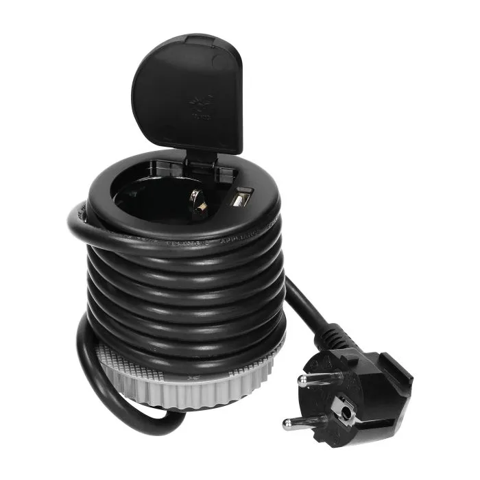 141156 - Flush-fitted furniture socket, black, Schuko Ø6cm with protective cover, USB charger and 1.9m cable, 1x2P+E, 1xUSB