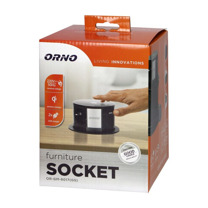 141152 - Recessed furniture sockets Ø10cm, Schuko with inductive charger, USB charger and 1.5m, 3x2P+E (Schuko) cable, Qi 1.2.4 max. 10W, 2xUSB QC 3.0