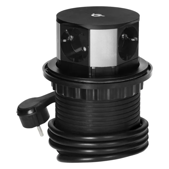141152 - Recessed furniture sockets Ø10cm, Schuko with inductive charger, USB charger and 1.5m, 3x2P+E (Schuko) cable, Qi 1.2.4 max. 10W, 2xUSB QC 3.0