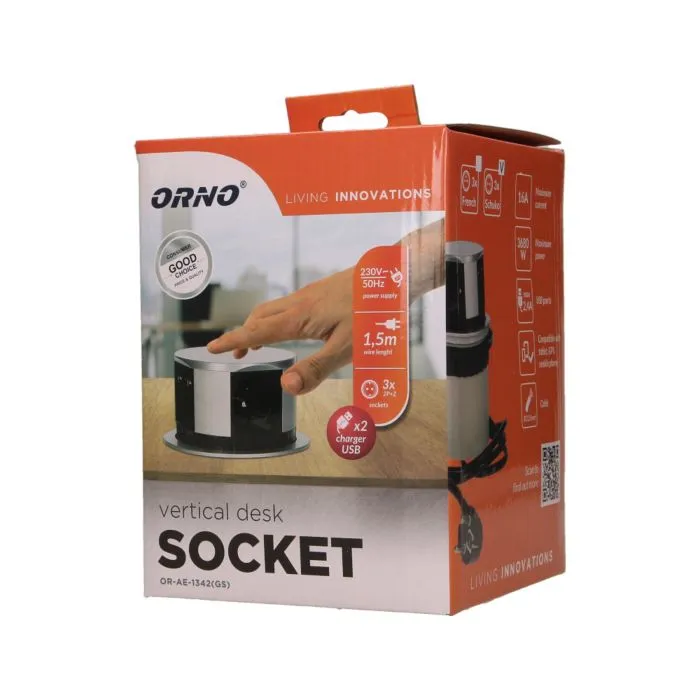 141150 - Flush-fitting furniture socket with USB charger and 1.5m cable, Schuko 3 x 230V AC/16A; 3680W; IP20 ; 2 x output USB charger USB 5V DC; cabel lenght 1,5 m
