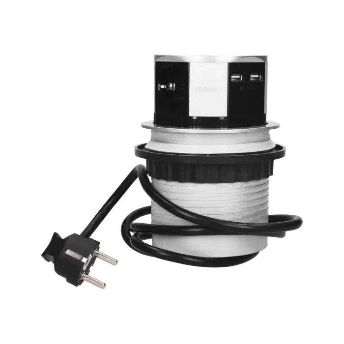 141150 - Flush-fitting furniture socket with USB charger and 1.5m cable, Schuko 3 x 230V AC/16A; 3680W; IP20 ; 2 x output USB charger USB 5V DC; cabel lenght 1,5 m