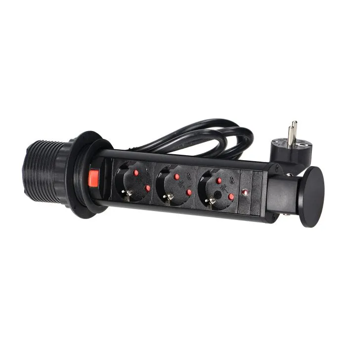 141144 - Pop up Ø6cm desk socket, black with 1.8m cable and locking system, 3x2P+E (Schuko)