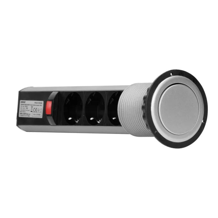141143 - Pop up desk socket ⌀6cm with 1.8m cable, Schuko 3 x 230V AC/16A; 3680W; IP20; cabel lenght 1.8m, for use in furniture, silver