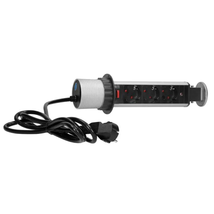 141143 - Pop up desk socket ⌀6cm with 1.8m cable, Schuko 3 x 230V AC/16A; 3680W; IP20; cabel lenght 1.8m, for use in furniture, silver
