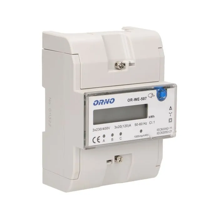 140810 - 3-phase energy meter, 120A current: 3x20(120)A; starting current: 0,4% lb;  accuracy class: 1;  indication of energy consumption: 3xred LED;  installation: 35 mm DIN rail