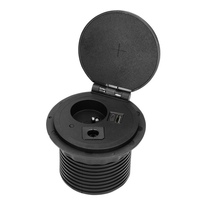 141141 - Recessed desk socket, black Ø8cm with induction charger, 2 USB ports (A, C) for quick charging and 1.8m cable with cable gland, 2,4A 5V