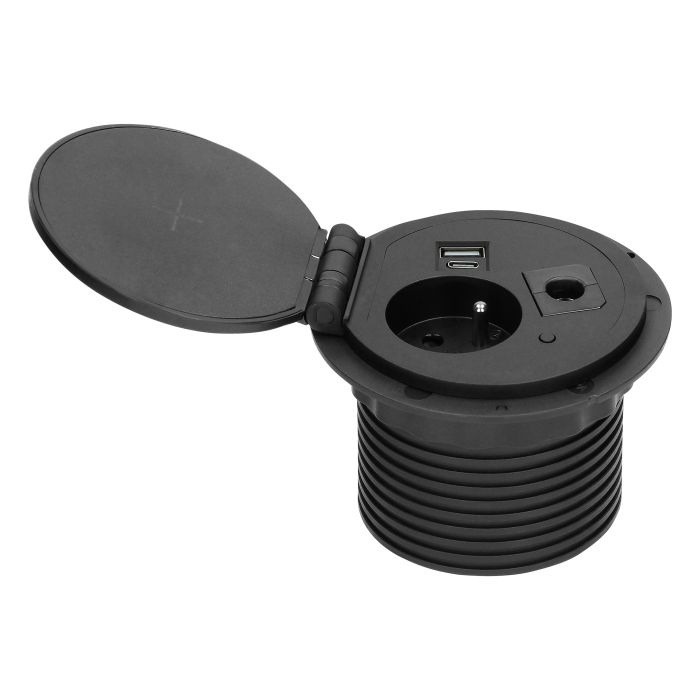 141141 - Recessed desk socket, black Ø8cm with induction charger, 2 USB ports (A, C) for quick charging and 1.8m cable with cable gland, 2,4A 5V