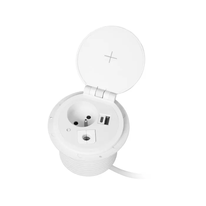 141140 - Recessed desk socket, white Ø8cm with induction charger, 2 USB ports (A, C) for quick charging and 1.8m cable with cable gland, 2,4A 5V