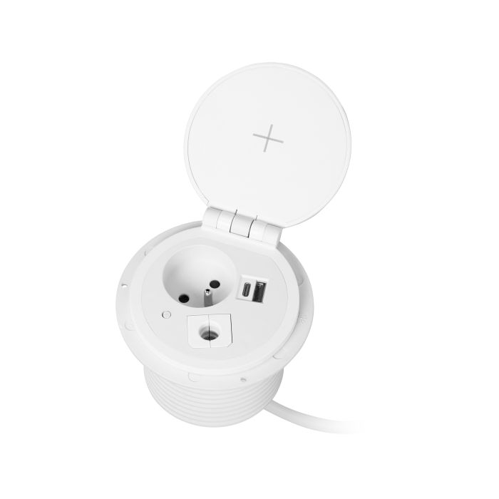 141140 - Recessed desk socket, white Ø8cm with induction charger, 2 USB ports (A, C) for quick charging and 1.8m cable with cable gland, 2,4A 5V