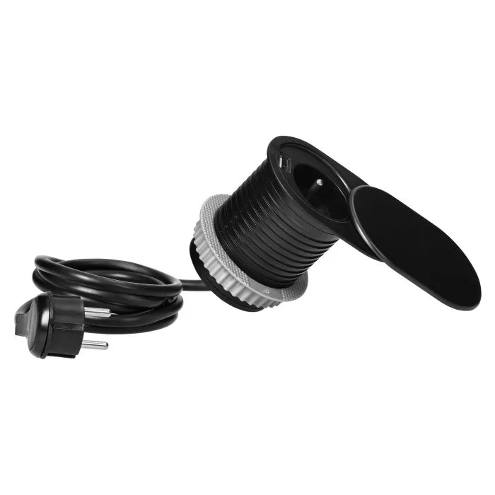 141138 - Flush-fitting furniture socket Ø6cm with sliding cover, USB charger 1x2P+E, 1xUSB, cable: 1,9m, black