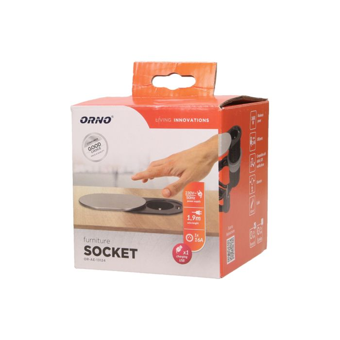 141137 - Flush-fitting furniture socket with sliding cover, USB charger and 1.9m cable 2P+E, USB, cable: 1,9m