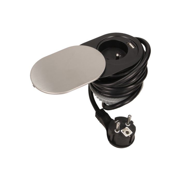 141137 - Flush-fitting furniture socket with sliding cover, USB charger and 1.9m cable 2P+E, USB, cable: 1,9m