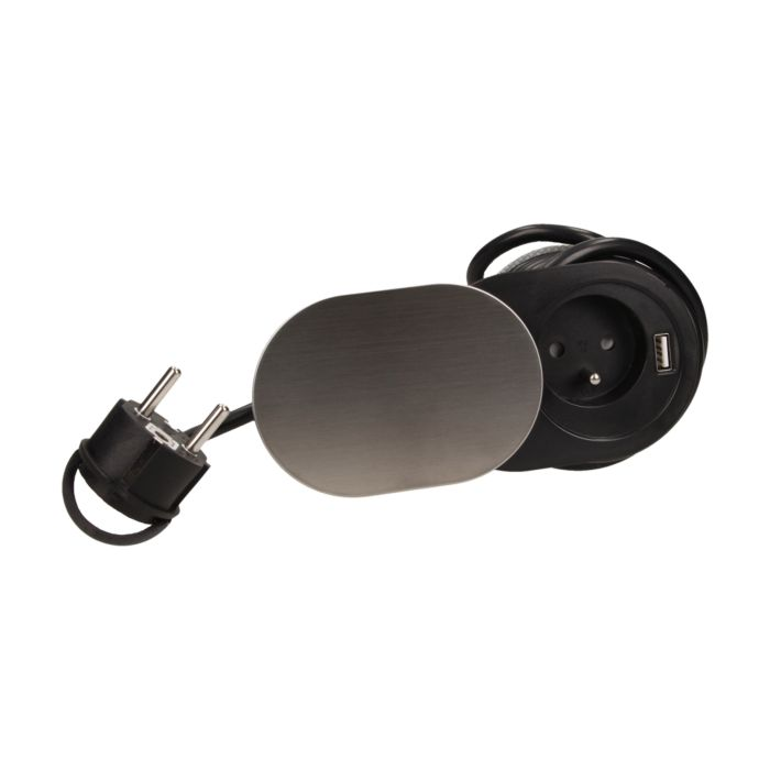 141137 - Flush-fitting furniture socket with sliding cover, USB charger and 1.9m cable 2P+E, USB, cable: 1,9m