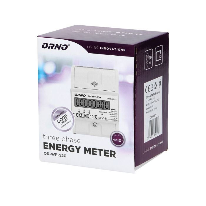 140816 - 3-phase energy meter, 80A Power supply: 230V ~, 50Hz, base current: 5A, max. electricity: 80A, min. current: 0.25A, pulse frequency: 800 imp / kWh
