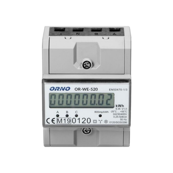 140816 - 3-phase energy meter, 80A Power supply: 230V ~, 50Hz, base current: 5A, max. electricity: 80A, min. current: 0.25A, pulse frequency: 800 imp / kWh