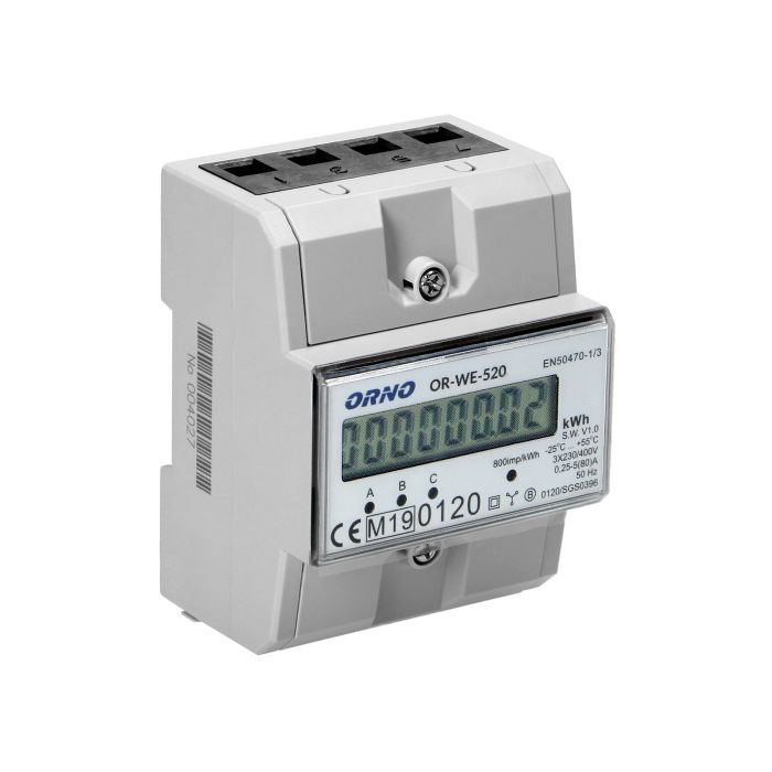 140816 - 3-phase energy meter, 80A Power supply: 230V ~, 50Hz, base current: 5A, max. electricity: 80A, min. current: 0.25A, pulse frequency: 800 imp / kWh