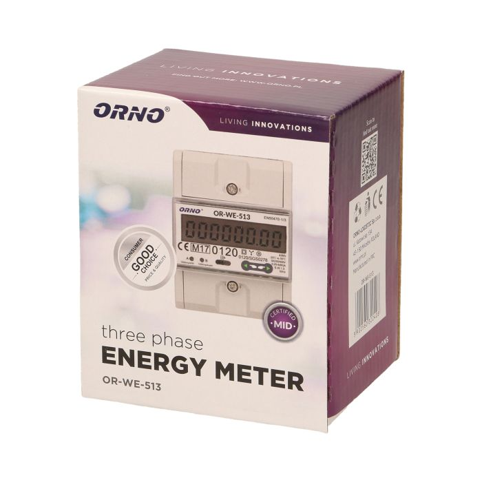 140817 - 3-phase energy meter, 80A power supply: 3x230V/400 AC, 50-60Hz, current: 5(80)A, pulse frequency: 1000 imp/kWh, signaling read: flashing LCD, installation rail: DIN TH-35mm