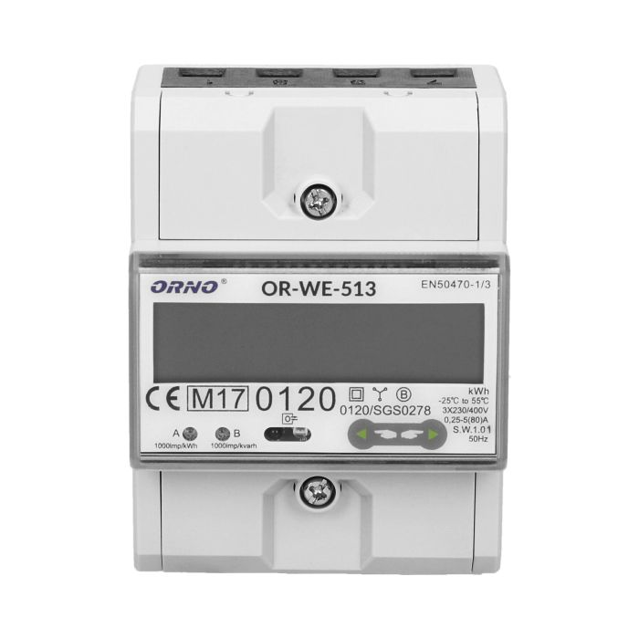 140817 - 3-phase energy meter, 80A power supply: 3x230V/400 AC, 50-60Hz, current: 5(80)A, pulse frequency: 1000 imp/kWh, signaling read: flashing LCD, installation rail: DIN TH-35mm