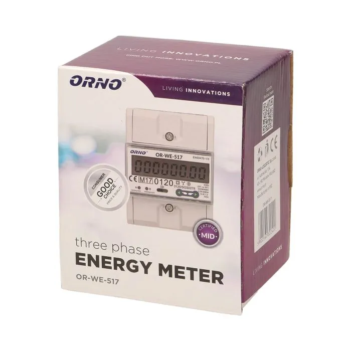 140819 - 3-phase multi-tariff energy meter with RS-485, 80A power supply: 3x230V/400 AC, 50-60Hz, current: 5(80)A, pulse frequency: 1000 imp/kWh, signaling read: flashing LCD, installation rail: DIN TH-35mm