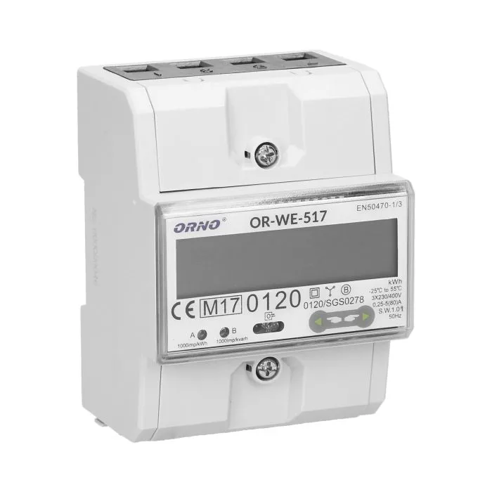 140819 - 3-phase multi-tariff energy meter with RS-485, 80A power supply: 3x230V/400 AC, 50-60Hz, current: 5(80)A, pulse frequency: 1000 imp/kWh, signaling read: flashing LCD, installation rail: DIN TH-35mm
