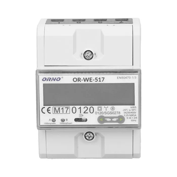 140819 - 3-phase multi-tariff energy meter with RS-485, 80A power supply: 3x230V/400 AC, 50-60Hz, current: 5(80)A, pulse frequency: 1000 imp/kWh, signaling read: flashing LCD, installation rail: DIN TH-35mm