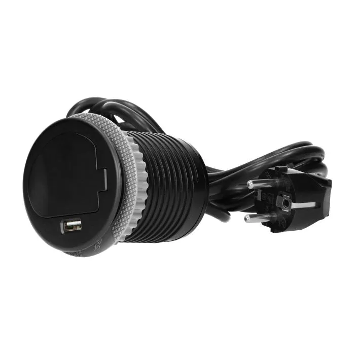 141136 - Flush-fitted furniture socket, black Ø6cm with protective cover, USB charger and 1.9m cable, 1x2P+E, 1xUSB