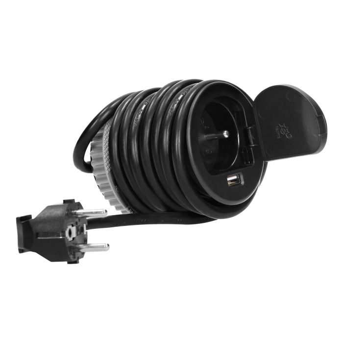 141136 - Flush-fitted furniture socket, black Ø6cm with protective cover, USB charger and 1.9m cable, 1x2P+E, 1xUSB