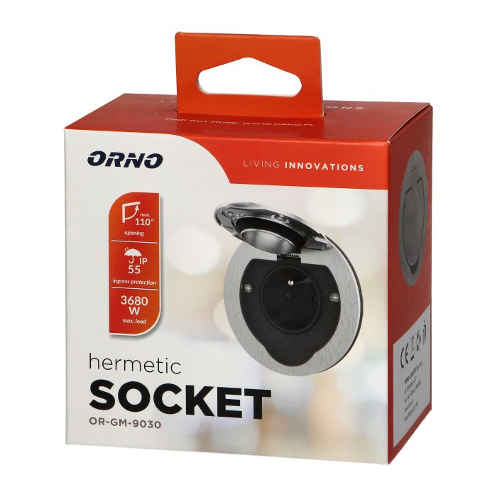 141131 - Hermetic electrical socket, round, IP55, opening angle 110°, brushed aluminium