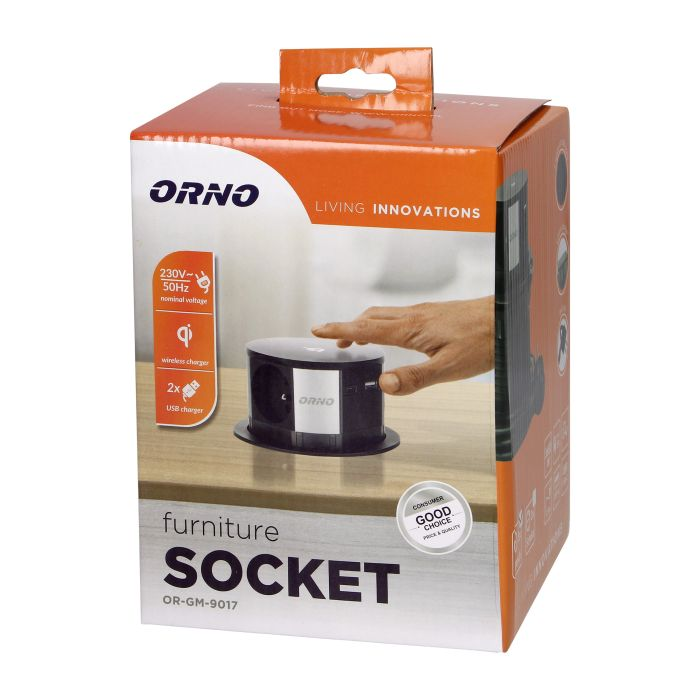 141128 - Recessed furniture sockets Ø10cm with inductive charger, USB charger and 1.5m, 3x2P+E cable, Qi 1.2.4 max. 10W, 2xUSB QC 3.0