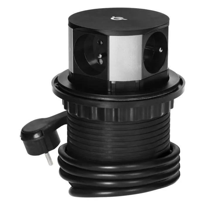 141128 - Recessed furniture sockets Ø10cm with inductive charger, USB charger and 1.5m, 3x2P+E cable, Qi 1.2.4 max. 10W, 2xUSB QC 3.0