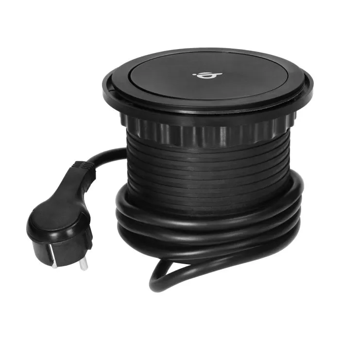 141128 - Recessed furniture sockets Ø10cm with inductive charger, USB charger and 1.5m, 3x2P+E cable, Qi 1.2.4 max. 10W, 2xUSB QC 3.0