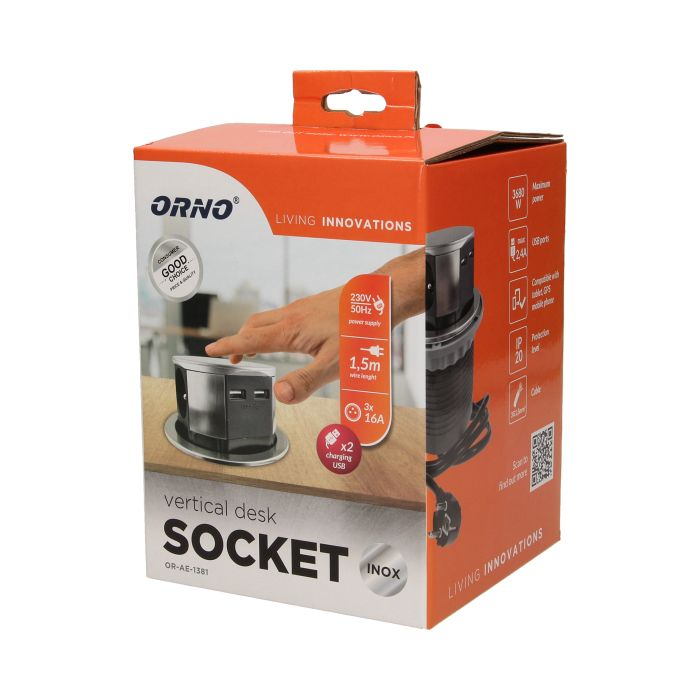 141127 - Flush-fitting furniture socket with USB charger and 1.5m cable, INOX power supply: 230V AC, number of sockets: 3x16A/230V AC, output USB charger: 5V DC/1050mAx2, max. load: 3680W