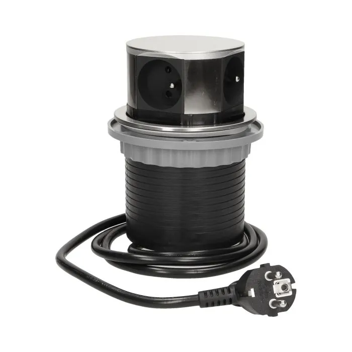 141127 - Flush-fitting furniture socket with USB charger and 1.5m cable, INOX power supply: 230V AC, number of sockets: 3x16A/230V AC, output USB charger: 5V DC/1050mAx2, max. load: 3680W